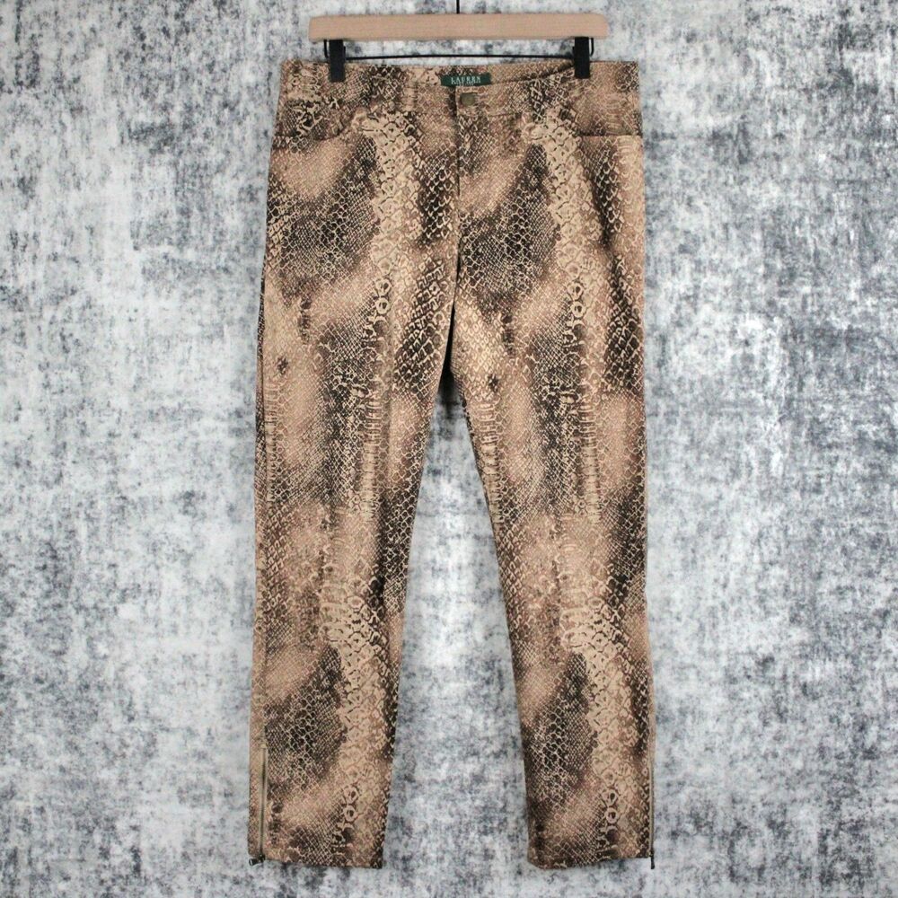 Lauren Ralph Lauren Pants Womens 8P Brown Snake Print Ankle Zip Stretch Denim